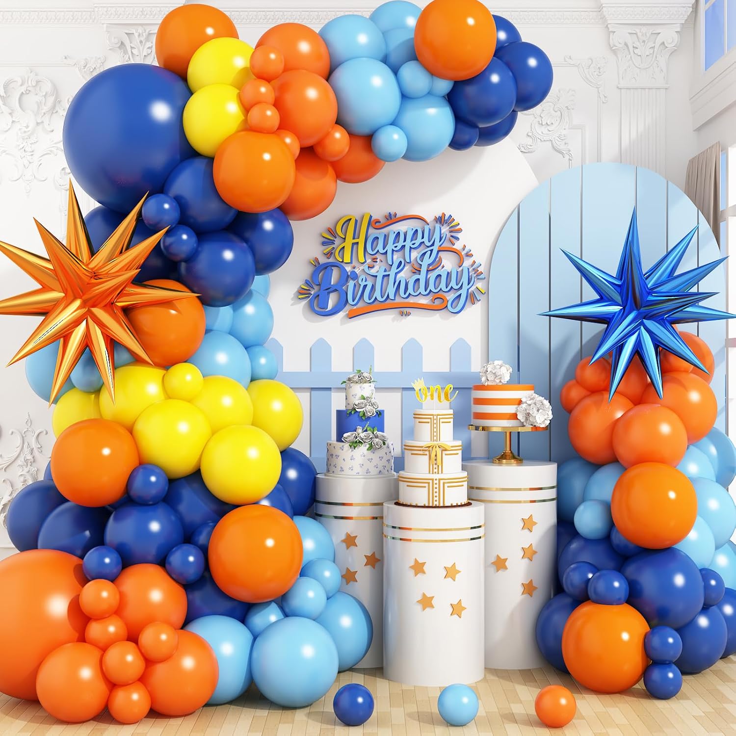 Balloon Arch Kit - ファンタジーバルーンアーチキット、オレンジサファイアブルーひまわりイエローラテックスバルーン、マルチイベント用