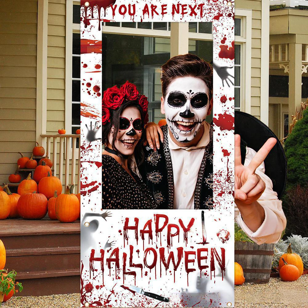 Photo Booth Frame - ハッピーハロウィン写真背景、ホラー血まみれの手形フォトブースフレーム、ハロウィンパーティーデコレーション
