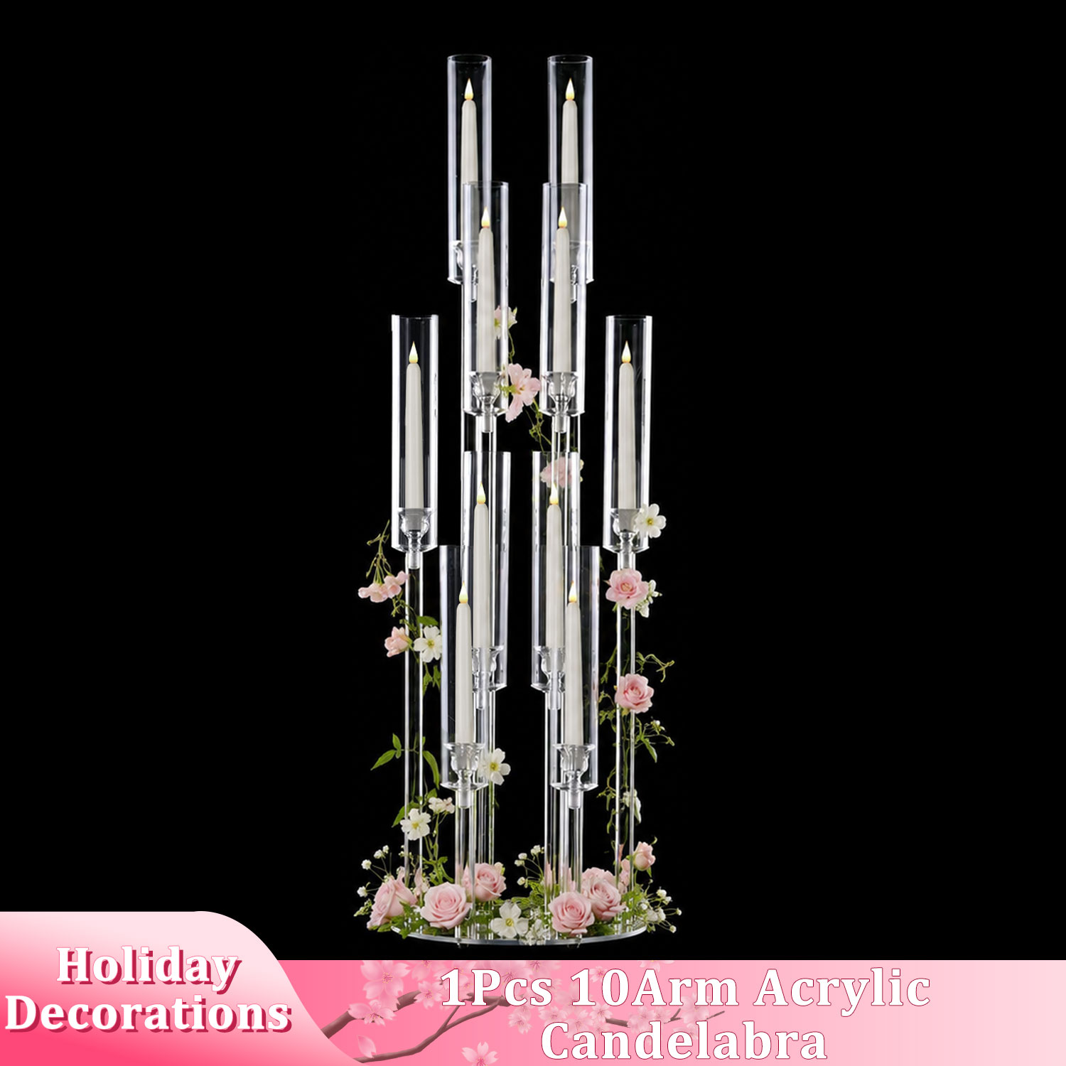 Centerpiece Stick - 10アームアクリル製燭台センターピース、高さ37.7インチのフロアキャンドルホルダー、ランプシェード付き、結婚式のテーブルデコレーション、パーティーイベント用