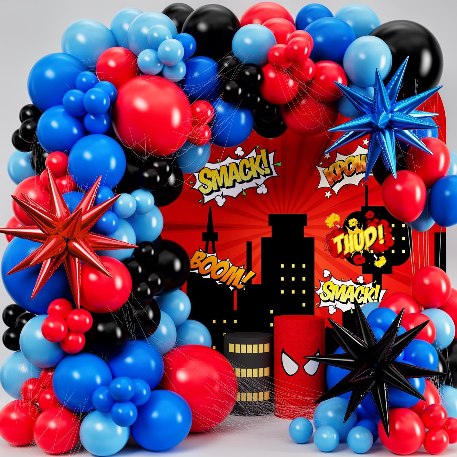Balloon Arch Kit - 黒赤青ラテックスバルーンガーランドスパイダーテーマバルーンアーチキットスーパーヒーロースパイディ誕生日男性パーティーデコレーション用品