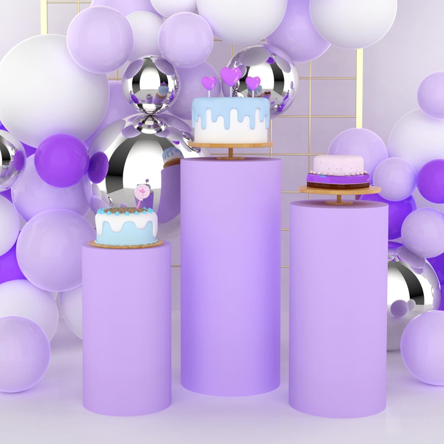 Dessert Table Backdrop - Yeele パープルシリンダースタンドカバー背景幕誕生日結婚式パーティーデコレーションカスタム 1 個/3 個/5 個弾性デザートテーブルカバー