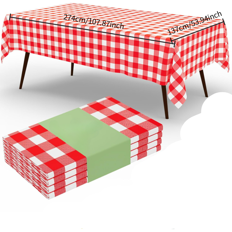 Table Cloth Disposable - 長方形の赤白チェック柄テーブルクロス、防水使い捨て/再利用可能な格子柄テーブルカバー、ピクニック、誕生日パーティー、母の日用