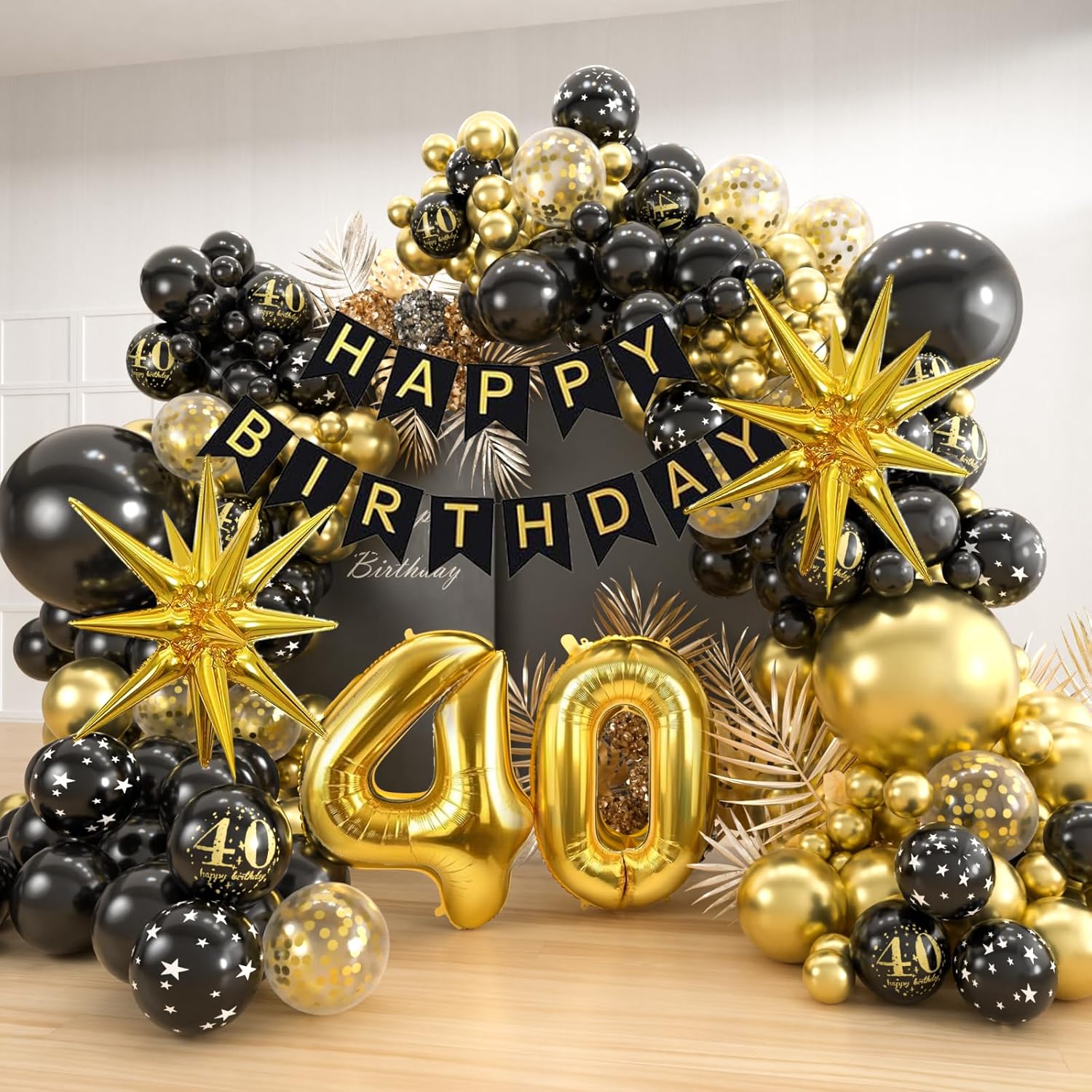 Balloon Arch Kit - 40歳のお祝いブラックゴールドバルーンガーランドアーチキット、ハッピーバースデーバナー、数字40スターバーストフォイルバルーン、男性女性向けパーティーデコレーション