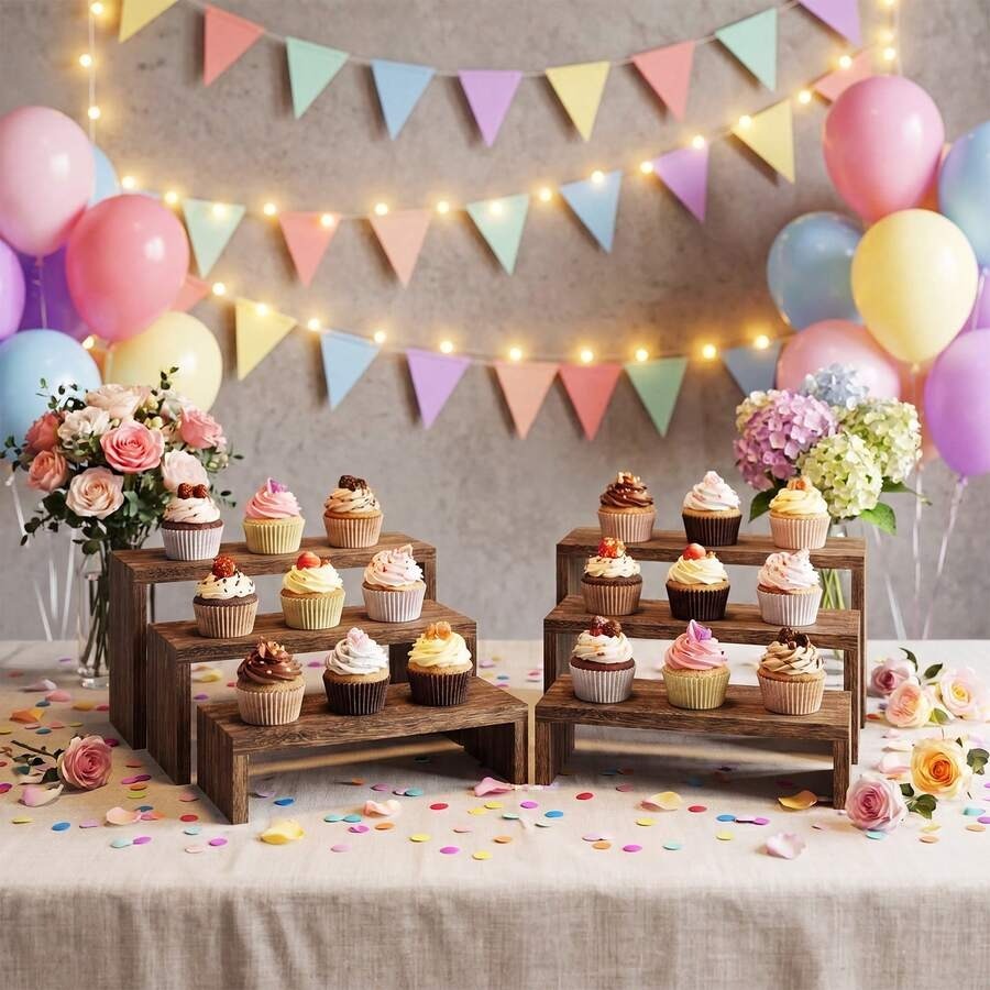 Cupcake Stand Tier - 6個入りディスプレイ木製スタンド、木製テーブル多層ディスプレイスタンドライザー、木製カップケーキスタンド、大型カップケーキデザートスタンドライザー用