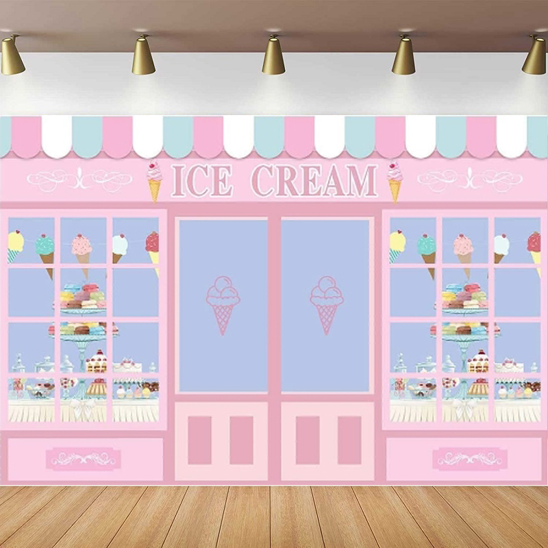 Dessert Table Backdrop - アイスクリームテーマの写真撮影の背景幕 デザートショップの女の子の背景 誕生日パーティーのデザートテーブルの背景 バナー装飾ポスター