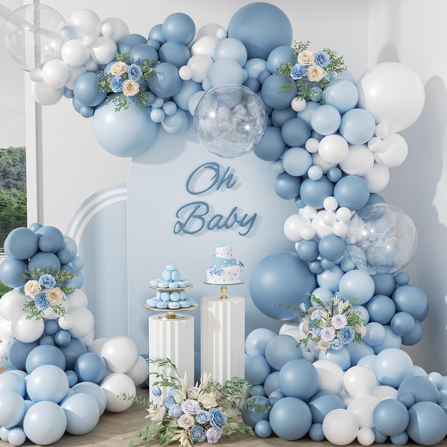 Balloon Arch Kit - 105個入り ダスティブルー バルーンアーチガーランドキット ベビーパステルブルー ホワイト クリアバルーン