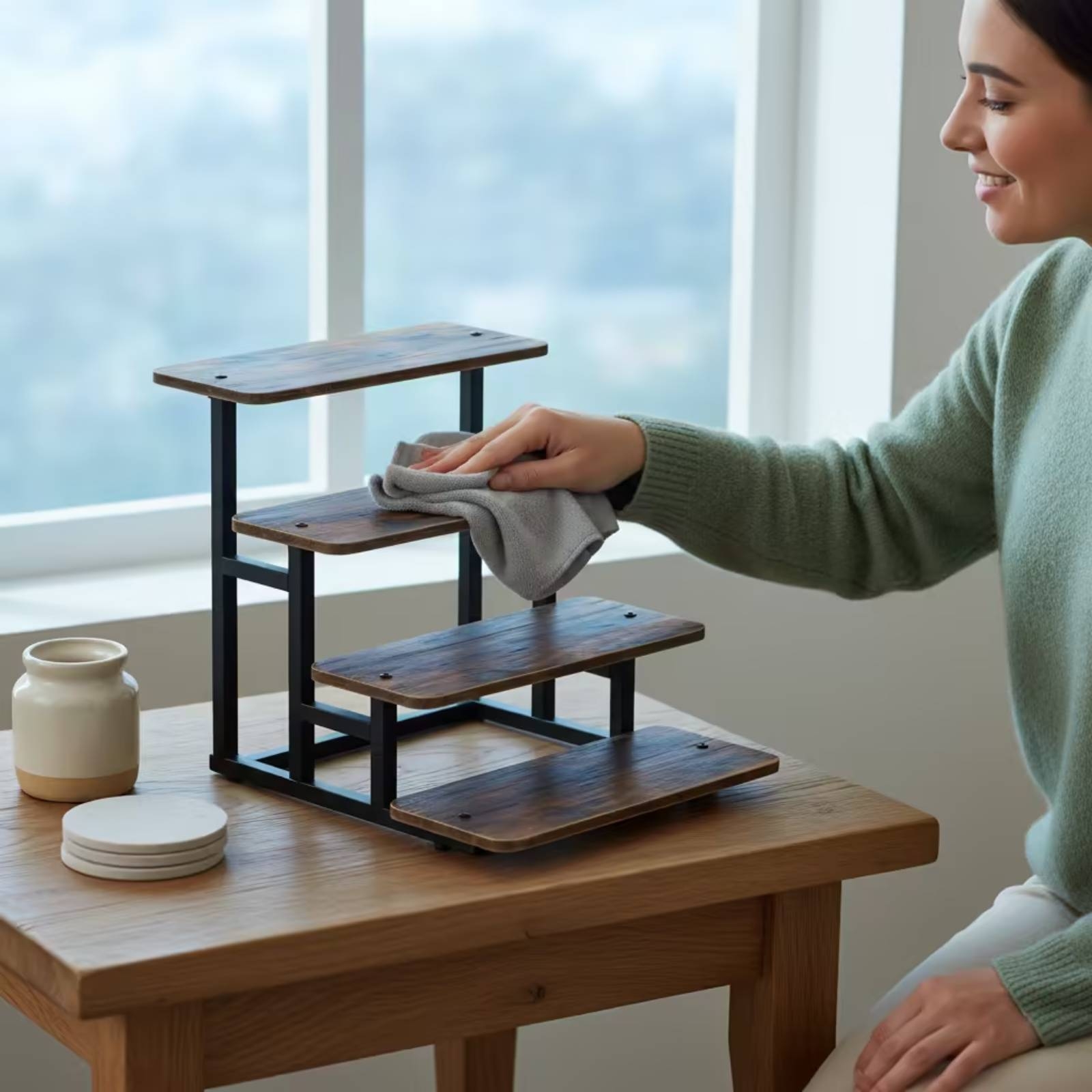 4段ディスプレイスタンド 卓上カップケーキスタンド 木製棚付 - Cupcake Stand Tier のレビューと価格
