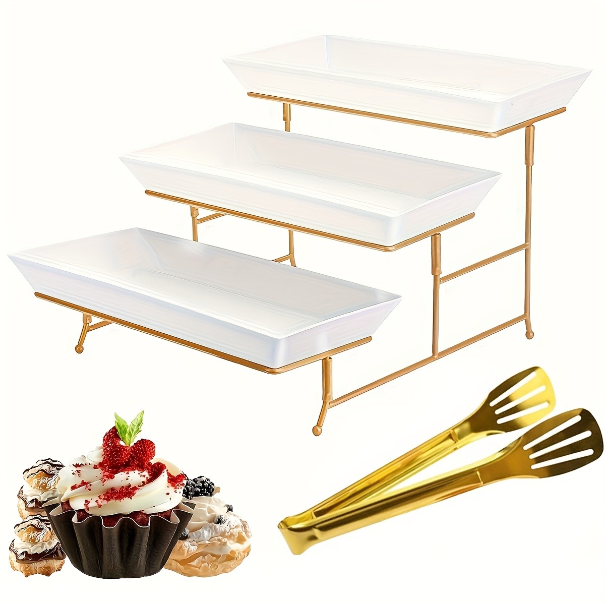 白い段付きサービングスタンド+トング、カップケーキ、ドーナツ - Cupcake Stand Tier のレビューと価格
