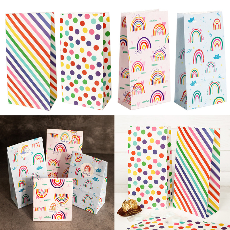 小さな紙袋レインボープリントキャンディクッキーバッグピンクブ - Event Party Box のレビューと価格